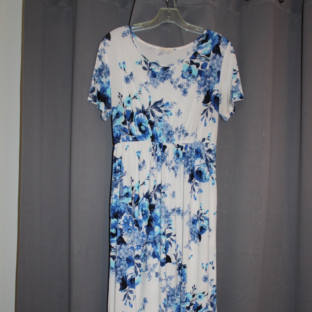 White and Blue Floral Midi Dress